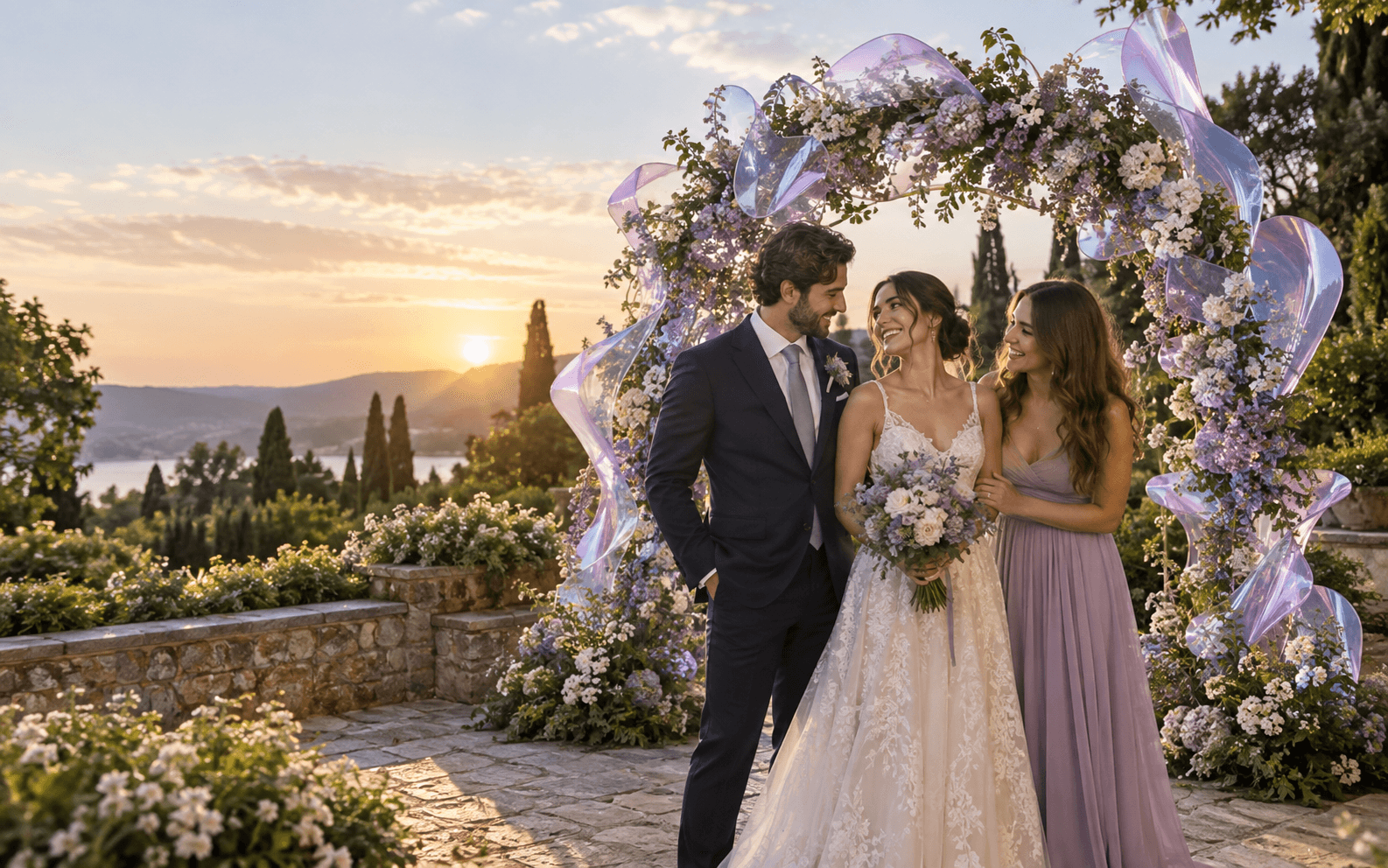 AR experience concept: guests beneath a virtual wedding arch in a garden.